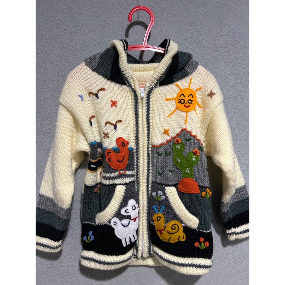 Marca Yunzu Knit Cardigan Kids Size 6 Cream Embroidered Hooded Zip Sweater
